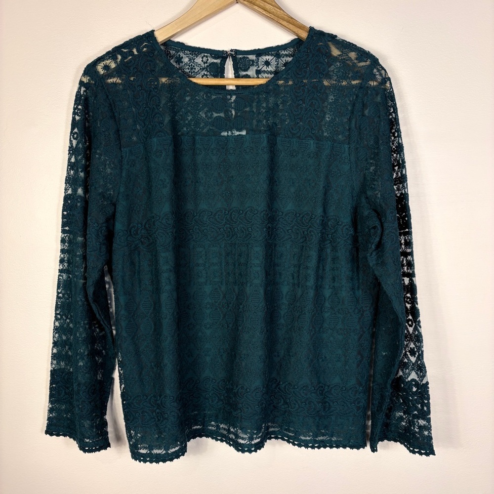 Garnet Hill Green Lace Long Sleeve Blouse Feminine Romantic